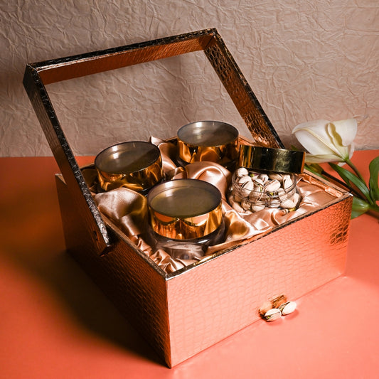 Rose gold basket with 4 jars and drawer