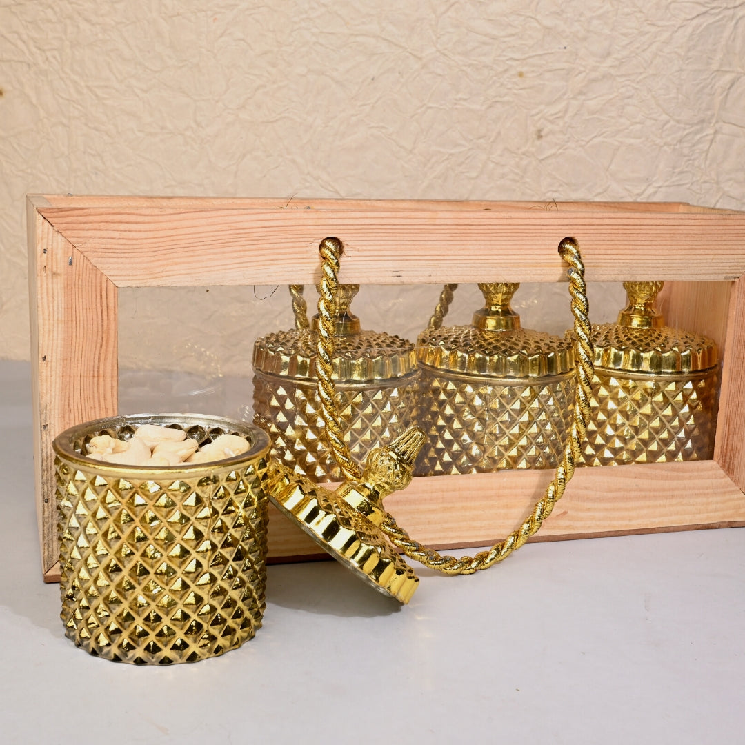 Wooden Basket hanging with Gold container