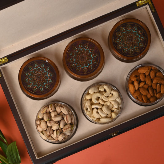 Wooden Printed Box with 6 Jars