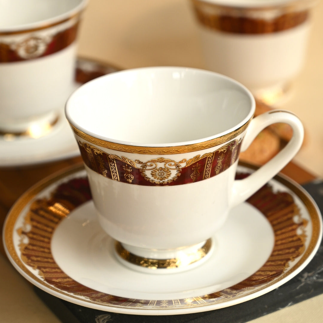 Red Gold embellish design cup and saucer set of 6