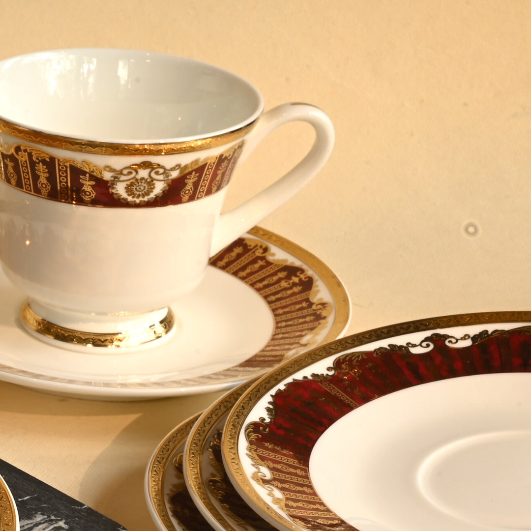 Red Gold embellish design cup and saucer set of 6